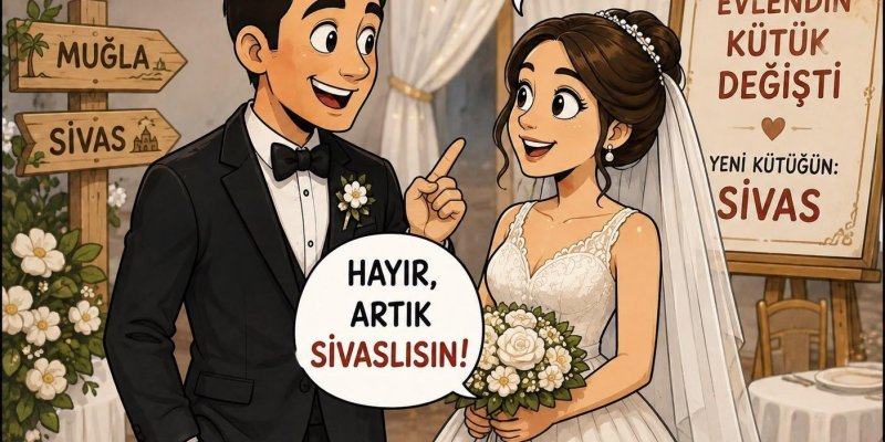 Damat ve gelinin çizim olarak birlikte durduğu bir düğün sahnesi. Solda siyah smokinli, papyonlu bir damat; yakasında beyaz çiçekli yaka çiçeği. Sağ işaret parmağını kaldırmış, gülümsüyor. Damadın konuşma balonunda: “Nerelisin?” yazıyor. Hemen yanında ahşap bir yön tabelası. Üstteki levhada: “MUĞLA” Alttaki levhada: “SİVAS” yazıyor. Sağ tarafta beyaz gelinlikli, duvaklı bir gelin. Elinde beyaz ve krem tonlarında çiçeklerden oluşan bir buket tutuyor, gülümseyerek damada bakıyor. Gelinin konuşma b