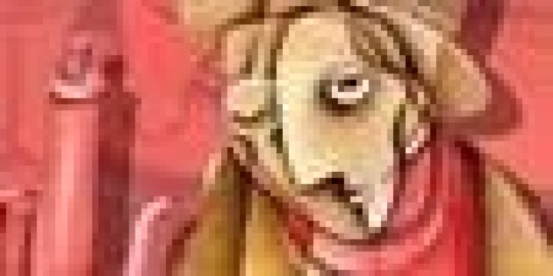 Pembe bir zeminde sarı renkte şapkalı ve tek gözü açık bir adam resmedilmiş. Adamın boynunda kırmızı bir atkı var.