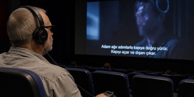 Sinema salonunda koltukta oturan, gri saçlı ve kısa sakallı orta yaşlı bir adam. Kulaklarının üzerinde büyük siyah kulaklıklar var ve önündeki büyük perdede bir film oynuyor. Adam yan profilden görünüyor; gri uzun kollu bir gömlek giymiş ve elleri dizlerinin üzerinde, sağ elinde dikdörtgen bir kumanda veya ses cihazı gibi siyah bir cihaz tutuyor. Koltuk sırtlıkları koyu mavi kumaş kaplı, kenarları siyah plastik. Perdede karanlık tonların hâkim olduğu bir film sahnesi var; sağ tarafta, sakallı, s