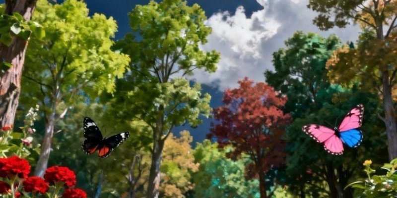 Orman içindeki çiçekli bir patika manzarası. Alçak bir açıdan çekilmiş; önde toprak yol ve her iki yanda yoğun çiçekler. Sol önde kırmızı çiçek kümeleri, yanında koyu mor çiçekler ve biraz ileride beyaz çiçekler. Sağ önde sarı çiçekler ve en sağ alt köşede pembe bir çiçek. Orta ve arka planda uzun ağaçlar; çoğu yeşil yapraklı, bazı ağaçların yaprakları turuncu ve kırmızı tonlarda. Gökyüzü koyu mavi; sağ üstte parlak bir güneş ve onun altında büyük beyaz bulut kümeleri. Gökyüzünde üç kelebek, üst