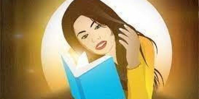 Arkasında güneş parlaklığı olan genç bir kadın var. Kadın bir eliyle kitabı tutup okuyor, diğer eliyle de okurken rahatsız etmesin diye uzun saçlarını tutuyor. Kitabın ortamı aydınlattığı izlenimi ediniyoruz.