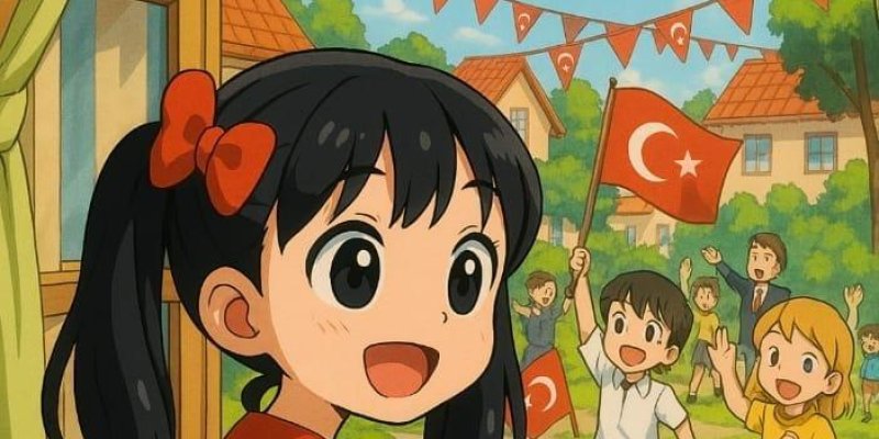 Bir kız çocuğu, pencerenin önünde duruyor ve dışarıya bakıyor. Üzerinde kırmızı bir elbise ve saçında kırmızı bir kurdele var. Pencerenin dışında, Türk bayrakları taşıyan ve coşkulu bir şekilde kutlama yapan çocuklar görülüyor. Gökyüzünde bulutlar var ve pencerenin üst kısmında "23 Nisan" yazılı bir pankart, Türk bayrağı desenli üçgen bayraklar asılı. Arka planda ağaçlar ve evler bulunuyor.