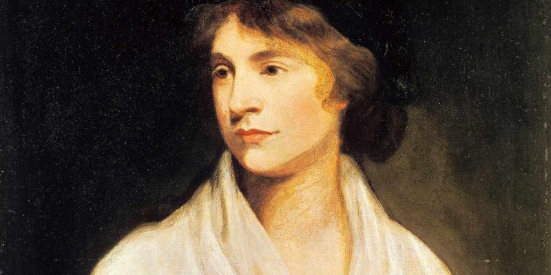Koyu arka plan önünde omuzdan yukarıya kadar betimlenmiş Mary Wollstonecraft’in portresi. Hafifçe sağa dönük duruyor, bakışı yana doğru yönelmiş. Ten rengi açık, yanaklarında hafif pembelik var. Dudakları ince ve kapalı, ifadesi sakin ve düşünceli. Saçları kahverengi, alnına doğru gevşek bir tutam düşmüş, arkaya doğru daha koyu bir kütle halinde toplanmış. Üstünde geniş yakalı, açık renkli, beyaza yakın bir giysi; yakası göğüs kısmında derin bir V oluşturacak şekilde açılıyor ve giysi boyun çevr