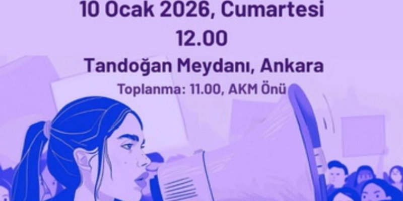 Kalabalık bir kadın grubunun sokakta büyük bir pankartla basın açıklaması yaptığı bir sahne. Pankart beyaz zeminli ve mor büyük harflerle “HAKLARIMIZ, HAYATLARIMIZ VE ÖZGÜRLÜĞÜMÜZ İÇİN 10 OCAK’TA ANKARA’DAYIZ” yazıyor; alt kısımda daha küçük siyah yazıyla “KADIN MİTİNGİ” ifadesi görünüyor. Önde pankartı tutanlar ve ortada elinde kâğıt bulunan bir kişi var; birkaç mikrofon da pankartın üstünde görünüyor. Arka planda ağaç gövdeleri, ışık süslemeleri ve dükkân tabelaları bulunan bir şehir caddesi v