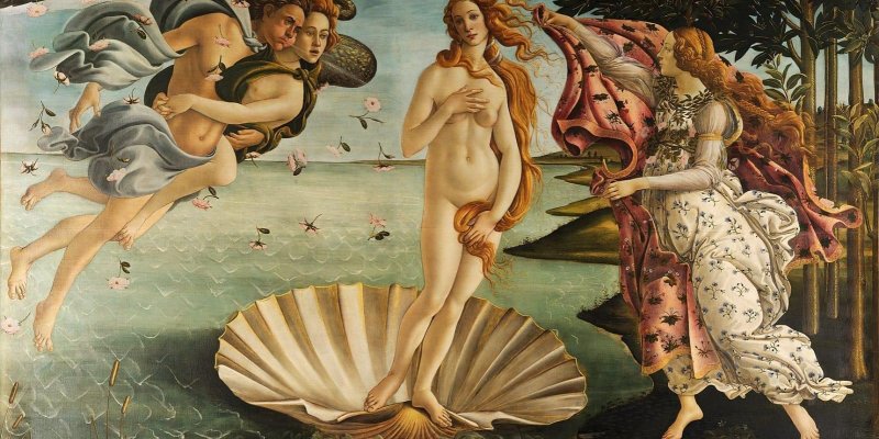 Rönesans dönemine ait Sandro Botticelli'nin "Venüs'ün Doğuşu" ünlü eseri. Ortada büyük bir deniz kabuğunun üzerinde çıplak, uzun sarı saçlı bir kadın duruyor. Saçları rüzgârda dalgalanıyor ve bir eliyle göğsünü, diğer eliyle mahrem yerini kapatıyor. Sol tarafta, havada uçan iki figür var; biri erkek, diğeri kadın ve birbirlerine sarılmışlar. Üzerlerinde hafif mavi bir örtü var ve etraflarında pembe çiçekler uçuşuyor. Sağ tarafta çiçek desenli uzun elbise giymiş bir kadın, elinde pembe