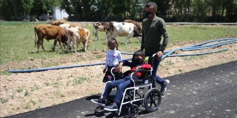 Açık havada bir çiftlik alanında çekilmiş bir sahne. Önde bir adam, tekerlekli sandalyede oturan bir çocuğu itiyor. Çocuğun yanında, elini tutan küçük bir kız çocuğu var. Her iki çocuk da maske takıyor. Arka planda, yeşil bir alanda otlayan birkaç inek bulunuyor. Zeminde asfalt bir yol ve yolun kenarında mavi su hortumları görülüyor. Çevrede ağaçlar ve yeşillikler mevcut. Adam da maske takıyor ve rahat bir kıyafet giymiş.