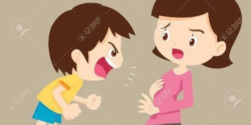 Kısa kahverengi saçlı bir kadın ve küçük bir erkek çocuğu içeren çizgi karakter illüstrasyonu. Kadın yerde dizlerinin üstünde oturuyor, pembe uzun kollu bir bluz ve koyu renk etek giymiş, açık tenli. Yüz ifadesi şaşırmış ve hafif endişeli; ağzı açık, kaşları yukarı kalkık. Ellerinden biri göğsüne yakın, diğeri önünde savunur gibi duruyor. Karşısında duran küçük oğlan çocuk da açık tenli, kısa kahverengi saçlı, sarı tişört ve mavi şort giymiş, ayaklarında beyaz çorap ve ayakkabı. Çocuk öne doğru