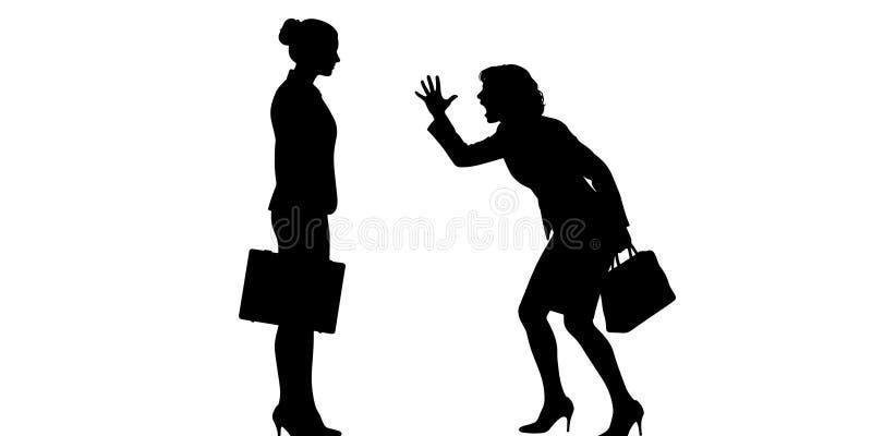 Beyaz zemin üzerinde iki kadın silüeti. Soldaki kadın ayakta dik duruyor, topuz saçlı, topuklu ayakkabılı ve elinde evrak çantası taşıyor; sağdaki kadın öne doğru eğilmiş, bir elini havaya kaldırmış konuşuyor, diğer elinde el çantası var ve o da topuklu ayakkabı giyiyor.