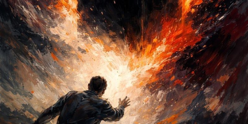 Patlama etkisiyle çevresi alev ve dumanla dolmuş bir sahnede havada duran büyük siyah bir küp. Görsel dijital bir illüstrasyon gibi; fırça darbeleri belirgin, hareketli ve kaotik bir tarzda yapılmış. Küp görüntünün üst-orta kısmında, üç yüzeyi görülecek şekilde perspektifli duruyor; yüzeyleri koyu siyah ve yer yer gri yansımalar var. Küpün arkasında ve çevresinde beyazdan turuncu-kırmızıya geçen çok parlak bir ışık patlaması. Alev ve kıvılcım benzeri parçacıklar dışa doğru savrulmuş; arka plan k