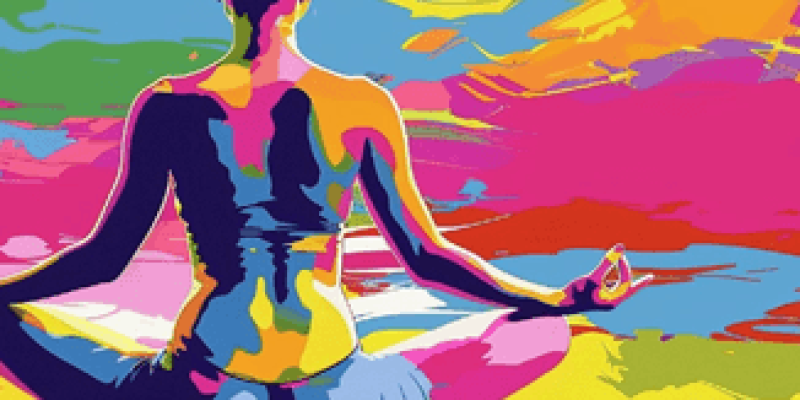 Yoga yapan bir kadının arkadan görünüşü var. Kadın, oturmuş meditasyon pozisyonunda ve elleri dizlerinin üzerinde. Arka planda dağlar ve gökyüzü gibi görünen soyut şekiller var. Renkler çok canlı; pembe, mor, sarı, mavi, yeşil ve turuncu tonları hakim.