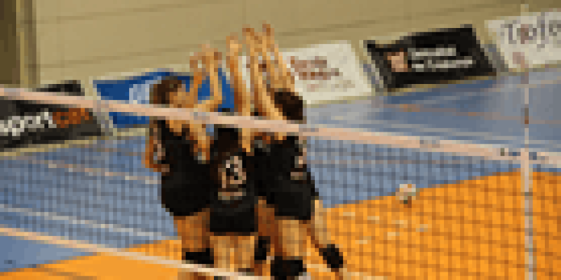 Kapalı voleybol sahasında filenin arkasında 5-6 kadın voleybolcu ayakta duruyor ve ellerini havada birbirine vuruyorlar. Kadınlar lacivert formalı ve şort giymişler, siyah dizlikleri var.