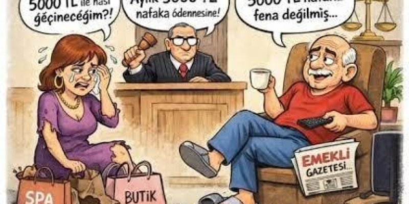 Karikatür tarzında çizilmiş bir boşanma ve nafaka sahnesi. Sol tarafta mor elbiseli, orta yaşlı bir kadın, yere oturmuş, üzgün ve ağlamaklı bir yüz ifadesiyle başını tutuyor. Yanında “SPA” ve “BUTİK” yazılı alışveriş çantaları. Konuşma balonunda “Eyvah! 5000 TL ile nasıl geçineceğim?!” yazıyor. Ortada hâkim cübbeli, kel, gözlüklü bir adam kürsü arkasında duruyor, elinde tokmak tutuyor. Konuşma balonunda “Karar: Aylık 5000 TL nafaka ödenmesine!” yazıyor. Sağ tarafta koltukta rahatça yayılmış yaşl