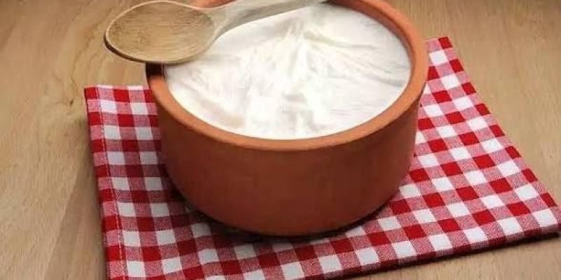 Kırmızı beyaz ekose bir mutfak bezi üzerinde duran, içi beyaz kıvamlı bir süt ürünüyle dolu turuncu-kahverengi toprak kâse. Kasedeki ürün yoğurt ya da kaymak kıvamında, yüzeyi pürüzsüz ve hafif dalgalı. Kâseyi enlemesine kaplayan açık renkli tahta bir kaşık üstte yatay duruyor.
