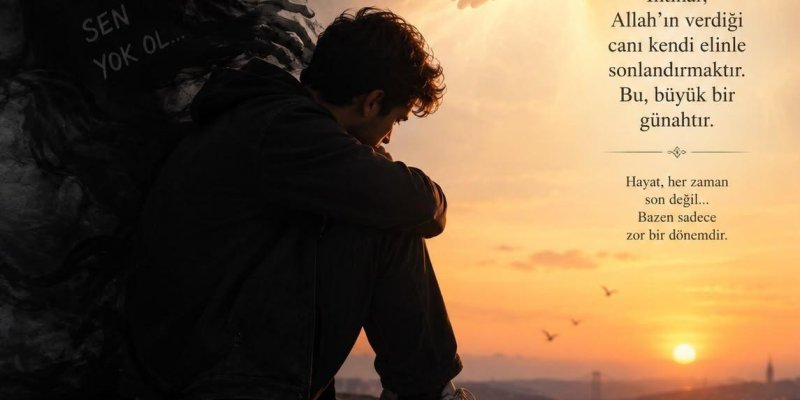 Gün batımı manzarasına karşı bir duvarın kenarında oturan genç bir erkek. Dizi göğsüne çekili, başı öne eğik, düşünceli ve üzgün bir duruşu var. Üzerinde koyu renk bir mont, pantolon ve açık renk spor ayakkabılar. Solda gencin arkasından çıkan, siyah dumanı andıran gölgemsi bir figür; insan siluetine benzeyen bu karanlık figür, genç erkeğe doğru uzanmış duruyor. Gölgemsi figürün içinde, dikey şekilde yazılmış: “YETER... BIRAK... KURTUL... SEN YOK OL...” Sağ üst tarafta, parlak, altın tonlarında