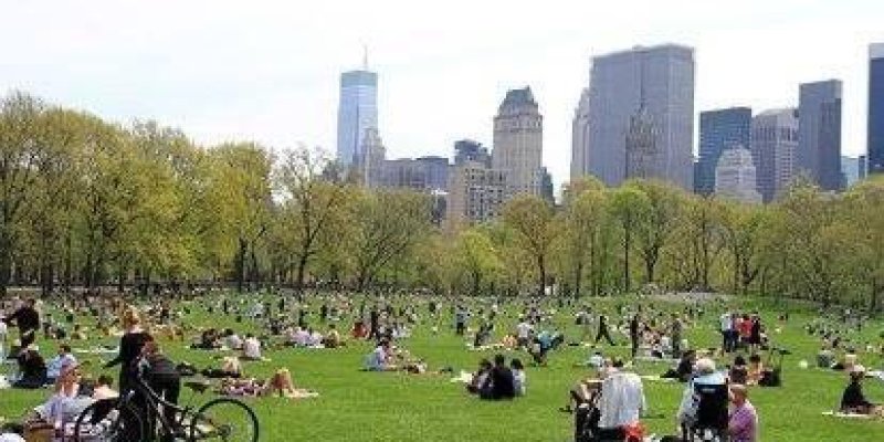 Büyük bir park alanı. Çimenlerin üzerinde birçok insan oturuyor, güneşleniyor veya sohbet ediyor. Bazı insanlar bisikletleriyle parkta vakit geçiriyor. Arka planda, yüksek binalar ve gökdelenler bulunuyor. Ağaçlar yapraklanmış ve hava açık. İnsanlar rahat ve keyifli bir gün geçiriyor.