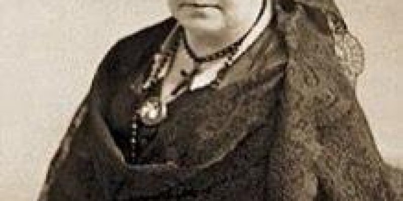 Elizabeth Caddy Stanton, oturuyor. Beyaz, kıvırcık saçları var ve başında küçük bir şapka bulunuyor. Üzerinde koyu renkli, dantel detaylı bir elbise ve omuzlarına örtülmüş bir şal var. Ellerini kucağında birleştirmiş ve doğrudan kameraya bakıyor. Yüz ifadesi ciddi ve düşünceli.