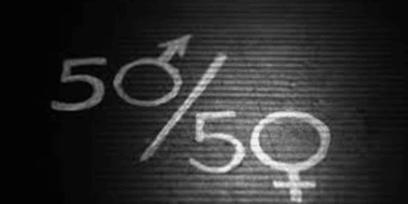 Siyah bir zemin üzerine beyaz renkte "50/50" yazısı ve bu yazının yanında yüzde işareti ve cinsiyet simgeleri bulunuyor. Yüzde işaretinin hemen yanında, yukarı doğru bir ok ve erkek cinsiyet simgesi (bir daire ve onun üst kısmından çıkan bir ok) yer alıyor, "50" rakamının yanında ise kadın cinsiyet simgesi (bir daire ve onun altından çıkan bir artı işareti) bulunuyor. Bu Resim cinsiyet eşitliğini temsil ediyor. bir