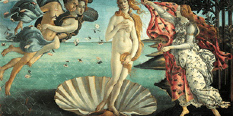 Sandro Botticelli'nin ünlü "Venüs'ün Doğuşu" eseri. Denizin ortasında açılmış bir deniz kabuğunun üzerinde duran çıplak bir kadın figürü. Bu figür, Venüs olarak bilinen aşk ve güzellik tanrıçasını temsil ediyor. Venüs'ün sağ tarafında, kırmızı ve beyaz çiçek desenli bir elbise giymiş, altın sarısı saçları olan bir kadın figürü ona bir kıyafet uzatıyor. Venüs'ün sol tarafında, rüzgar tanrısı Zephyr ve onun eşi Aura, uçarken gösterilmiş ve Venüs'ü rüzgarlarıyla karaya doğru üflüyorlar. A