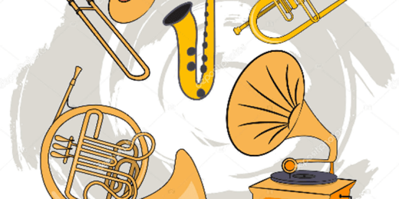Sarı renkte çizilmiş trompa, trompeta, trombon, tuba ve saksafondan oluşan üflemeli çalgılar yan yana duruyor.