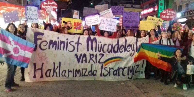 Gece vakti bir caddede toplanmış, ellerinde pankartlar ve renkli bayraklar taşıyan bir grup insan. Ön planda büyük bir pankart var ve üzerinde "Feminist Mücadeleye Varız, Haklarımızda Israrlıyız!" yazıyor. Grup, coşkulu ve enerjik. Arka planda çeşitli dükkanların ışıkları ve diğer pankartlar görülüyor. Pankartlardan birinde "Aile elden gidiyeh" diğerinde, "Kadınlar kaçırılıyor, devlet seyrediyor!" yazıyor.