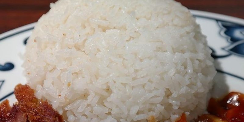 Kenarları mavi desenli porselen çukur bir tabakta yuvarlak derin pilav şekillendiricisi ile eklenmiş pirinç pilavı var.