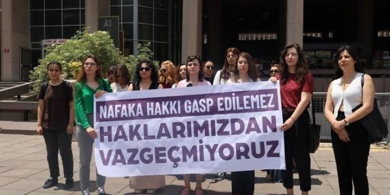 Önde tutulan büyük bir pankart. Pankartın zemin rengi beyaz, üzerindeki yazılar mor. Pankartta büyük mor bir şerit içinde beyaz harflerle, “NAFAKA HAKKI GASP EDİLEMEZ” Altında daha büyük mor harflerle, “HAKLARIMIZDAN VAZGEÇMİYORUZ” yazısı. Pankartın arkasında çoğu kadınlardan oluşan bir grup insan ayakta duruyor. Çeşitli yaşlarda, çoğunun saçları omuz hizasında veya daha uzun, bazıları düz bazıları dalgalı ya da kıvırcık. Kıyafetler gündelik; tişört, bluz, pantolon ve etekler tercih edilmiş. Ön
