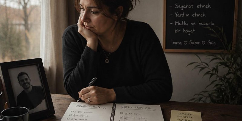 Orta yaşlarda, koyu saçlı bir kadın, ahşap bir masada otururken dalgın bir ifadeyle yana doğru bakıyor. Üzerinde siyah bir kazak, bir elini yanağına dayamış, diğer eliyle masadaki deftere kalem tutuyor. Boynunda küçük yuvarlak bir kolye. Önünde spiral ciltli bir defter açık duruyor; sol sayfanın üstünde büyük harfle “KENDİM İÇİN” yazıyor, altında kutucuklu bir liste: Sağlıklı yaşamak spor yapmak, kitap okumak, kendime zaman ayırmak, yeni şeyler öğrenmek. Sağ sayfanın üstünde “ÇOCUKLARIM İÇİN” ya