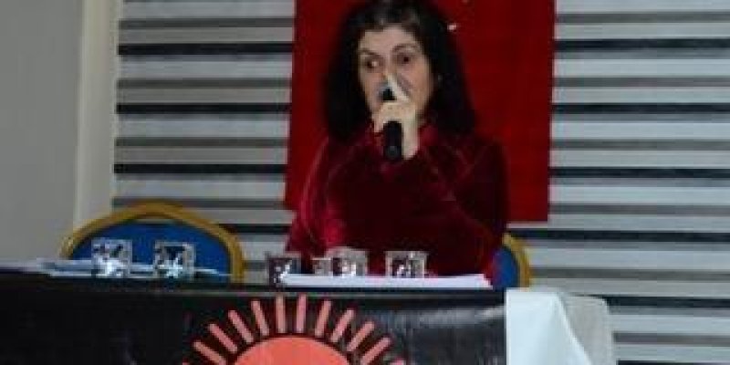 Toplantı salonunda konuşmacılar için düzenlenmiş bir platform var. Platformun arka kısmında Türk bayrağı asılı, konuşma masasının ön tarafında yarım turuncu güneş betimlemeli kurum afişi asılı. Kırmızı kazak giymiş uzun siyah saçlı genç bir kadın konuşmacı platformunda elinde mikrofonla oturarak konuşma yapıyor.