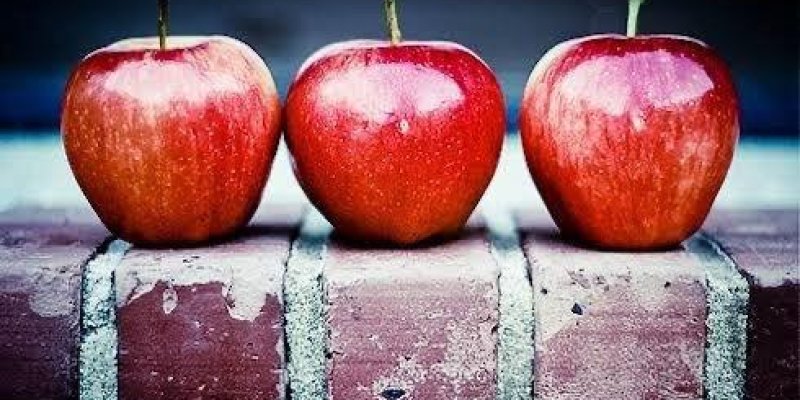 Üç adet kırmızı elma yan yana dizilmiş şekilde bir tuğla duvarın üzerinde duruyor. Elmaların her biri parlak ve taze görünüyor. Arka plan koyu renkli, bu da elmaları daha belirgin hale getiriyor. Elmaların sapları yukarı doğru uzanmış. Tuğla duvarın yüzeyi biraz pürüzlü ve farklı tonlarda kırmızı ve gri renkler içeriyor.