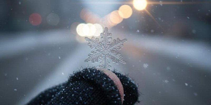 Eldivenli bir elin parmak uçları arasında tutulan, şeffaf ve ayrıntılı desenli tek bir kar tanesi. Arka planda karla kaplı bir yol ve iki yanda koyu siluet halinde ağaçlar ya da tepeler bulanık görünüyor. Uzakta sarı-beyaz ışıklar bokeh şeklinde parlıyor ve kar taneleri havada düşüyor. Görüntünün genel tonu soğuk mavi-gri; kar tanesi ve el ön planda net, arka plan belirgin şekilde flu.