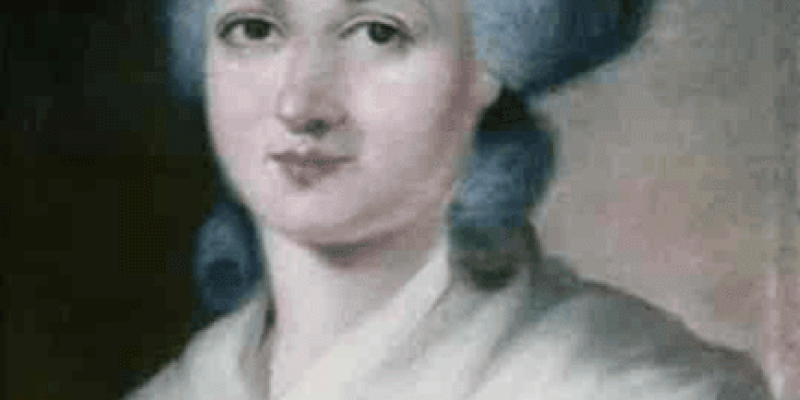 Olympe De Gouges’in portresi görülüyor. Yüz ifadesi ciddi. Saçları büyük ve kabarık, mavi tonlarında kurdelelerle süslenmiş şekilde yukarı doğru toplanmış. Giydiği beyaz elbise omuzlarını açıkta bırakacak şekilde tasarlanmış ve sade bir görünümde. Arka plan belirsiz ve soluk renklerle dolu, bu da portreye odaklanılmasını sağlıyor.