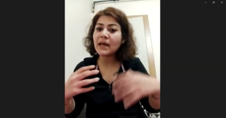 Konuşma yapan kadının üzerinde siyah polo yaka tişört var. Saçları kahverengi ve boynuna kadar uzun. Ağzı açık konuşur vaziyette. İki eli de havada bir tanesi kendini gösteriyor diğeri bulanık görünüyor. Arka plan beyaz duvar ve bir mobilyanın bir kısmı görünüyor.