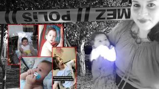 Bir kadın kucağında bir bebekle poz veriyor. Arka planda "POLİS" yazılı bir polis şeridi var. Ön planda, dört küçük renkli fotoğraflarda farklı bebekler ve küçük çocuklar görülüyor. Fotoğraflardan biri, bir çocuğun ağzında emzikle yatarken çekilmiş. Diğer fotoğraflarda çocuklar farklı pozlarda ve mekanlarda. Ortadaki fotoğrafın üzerinde: "Nefesim perişanım diyemem bir tanem nur içimde uyumak istedim sen". Yazısı var.