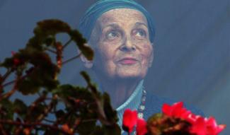 Türkan Saylan, pencere camının arkasından dışarıya bakıyor. Başında mavi ve yeşil tonlarında bir başörtüsü var. Yüzünde hafif bir gülümseme ve huzurlu bir ifade bulunuyor. Ön planda bulanık görünen kırmızı çiçekler ve yeşil yapraklar var. Arka plan mavi tonlarında ve oldukça sade. Saylan’ın yüzü ve çiçekler, fotoğrafın odak noktası olarak öne çıkıyor.