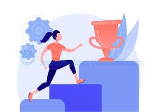 Üç tane basamak bulunan resimde, büyük adımlarla tırmanan bir kadın var. Basamağın en üstünde de büyük bir kupa bulunuyor. Arka planında da bir dişlinin iki çarkı bulunuyor. Bir davranış değişikliği istiyorsak, başarı istiyorsak, çabalamayı anlatıyor.