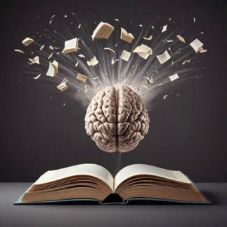 Açık bir kitabın üzerinde duran bir beyin tasviri. Beynin etrafında, sayfalar ve kitap parçaları patlayarak etrafa saçılıyor. Arka plan koyu renkli ve bu, beynin ve kitap parçalarının daha belirgin görünmesini sağlıyor.