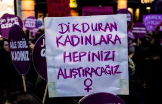 Kalabalık bir protesto veya yürüyüşte, ellerinde pankartlar taşıyan insanlar var. Önde, beyaz bir pankart üzerinde mor renkle yazılmış "Dik duran kadınlara hepinizi alıştıracağız" yazısı bulunuyor. Pankartın altında kadın sembolü yer alıyor. Arkada, üzerinde "Aile değil kadınız" yazılı başka bir mor pankart daha var. Çevrede başka pankartlar ve kalabalık gözüküyor. Ortamda genel olarak mor ve beyaz renkler hâkim.