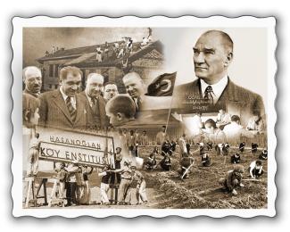 Köy Enstitüleri ve Atatürk temalı bir kolaj. Mustafa Kemal Atatürk’ün büyük bir portresi sağ üstte yer alıyor. Sol alt köşede “Hasanoğlan Köy Enstitüsü” tabelasını taşıyan gençler görülüyor. Üstte, bir grup insan bir binanın çatısında çalışıyor. Ortada Atatürk, takım elbiseli birkaç adamla birlikte çocuklarla konuşurken gülümsüyor. Sağ altta tarlada çalışan, çapa yapan öğrenciler var. Ders çalışan öğrenciler ve Türk bayrağı tutan kişiler de kolajda yer alıyor. Kenarları dalgalı bir çerçeveyle çevrelenmiş.