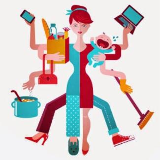 Çok kollu bir kadın illüstrasyonu. Kadının bir yarısı ev kıyafetleriyle, diğer yarısı dışarıya uygun kıyafetlerle çizilmiş. Kollarında farklı görevler var: Bir kolunda alışveriş poşeti, bir kolunda cep telefonu, bir kolunda tencere karıştırıyor, bir kolunda bebek tutuyor, bir kolunda bilgisayar var, bir kolunda yer siliyor. Bir ayağında topuklu ayakkabı, diğer ayağında terlik var.