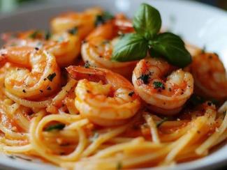 Karidesli spagetti tabağı. Üzerinde bol miktarda karides, ince doğranmış yeşillikler ve taze fesleğen yaprakları bulunuyor. Spagetti makarnası domatesli bir sosla kaplanmış ve karideslerle birlikte servis edilmiş. Tabak oldukça iştah açıcı ve taze görünüyor.