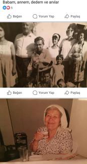 Eski aile fotoğrafları kolajı. Fotoğraf siyah-beyaz, kalabalık bir aile portresi. Farklı yaş gruplarından kadınlar, erkekler ve çocuklar bir arada ayakta ve oturur vaziyette poz vermişler. Geleneksel kıyafetler ve gülümseyen yüzler dikkat çekiyor, ciddi ve samimi bir atmosfer var. Alttaki fotoğraf renkli ve daha yakın çekilmiş bir kare. Yaşlı bir kadın başında beyaz bir yazma ile masada oturuyor, elinde fincan tutuyor ve gülümseyerek poz veriyor.Görselin üst kısmında "Babam, annem, dedem ve anılar" yazıyor 
