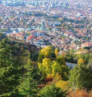 Şehir manzarası. Ön planda çok sayıda yeşil, sarı ve kahverengi tonlarında ağaç bulunuyor. Ağaçların hemen arkasında oldukça yoğun bir şehir yerleşimi görülüyor; binalar ve evler kırmızı kiremit çatılı, çok katlı yapılar ve yüksek apartmanlar mevcut. Arka planda daha büyük binalar ve modern yapılar devam ediyor. Şehirde geniş bir alan boyunca evler sık ve birbirine yakın konumda, aralarda bazı büyük yeşil alanlar var.