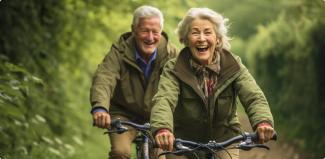 Yeşil yapraklarla çevrili bir orman yolunda bisiklete binen yaşlı bir kadın ve bir adam. Kadın önde ve gülerek mutlu bir şekilde bisiklet sürüyor, arkasında adam bisikletini sürerken o da gülümsüyor. Her ikisi de rahat ve doğa dostu kıyafetler giymiş. Doğal ışık çevrelerini aydınlatıyor.