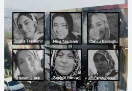 Altı kadının vesikalık fotoğrafı, her birinin altında isimleri olacak şekilde yerleştirilmiş. Üst sırada soldan sağa: Tuğba Taşdemir, Nisa Taşdemir, Cansu Esentoğlu; alt sırada soldan sağa: Hanım Gülek, Songül Yılmaz, Esma Dikan. Kadınların tamamı başörtülü. Arka planda yanan ya da ağır hasarlı bir bina görüntüsü silik olarak yer alıyor.